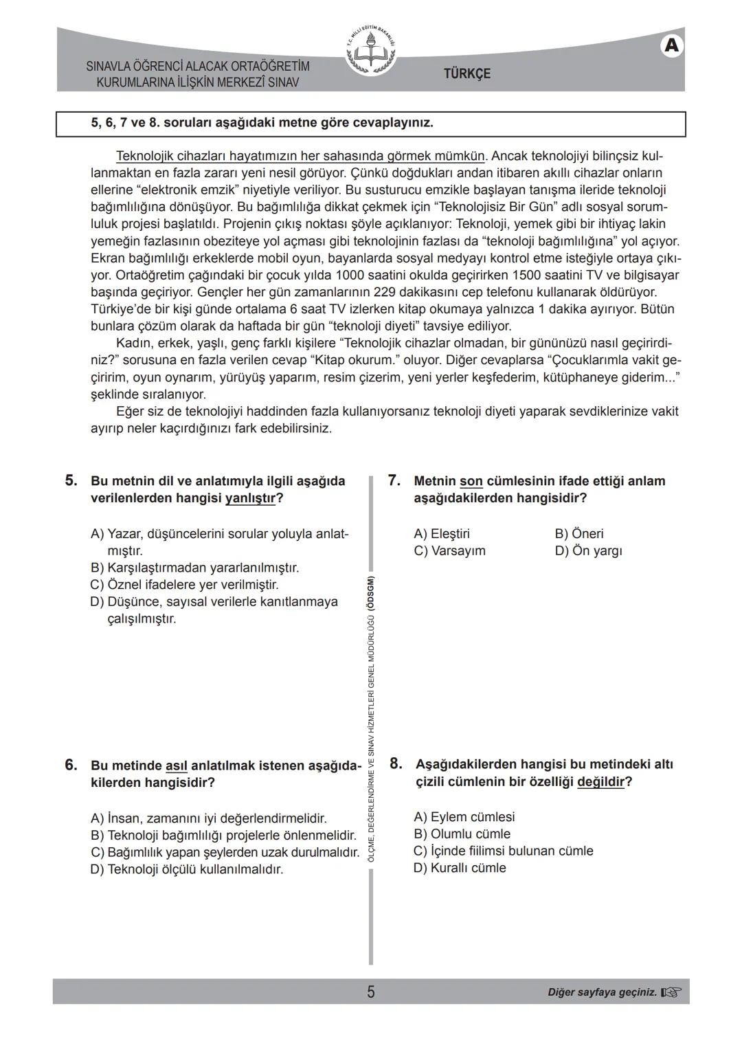 2017-2018 EĞİTİM - ÖĞRETİM YILI
TÜRKÇE
1. Bu testte 20 soru vardır.
2. Cevaplarınızı, cevap kâğıdına işaretleyiniz.
SINAVLA ÖĞRENCİ ALACAK O