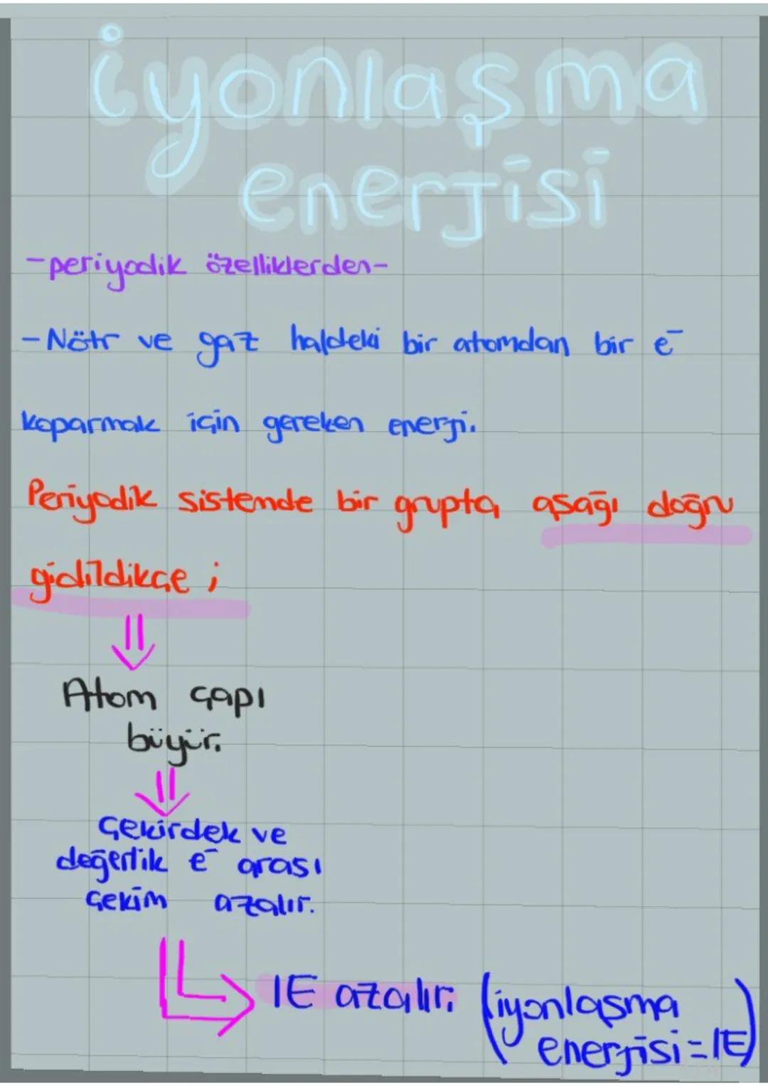 iyonlaşma
enerjisi
-periyodik özelliklerden-
-Nötr ve gaz haldeki bir atomdan bir e
koparmak için gereken enerji.
Periyodik sistemde bir gru