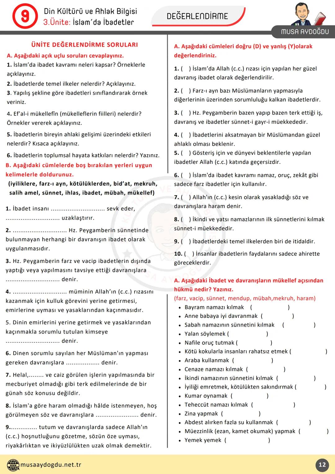 --- OCR Start ---
DİN KÜLTÜRÜ VE AHLAK BİLGİSİ
9
3.Ünite: İslam'da İbadetler
Ders Notları
DİN KÜLTÜRÜ VE AHLAK BIL
MUSA AYDOĞDU
MUSA AYDOĞDU