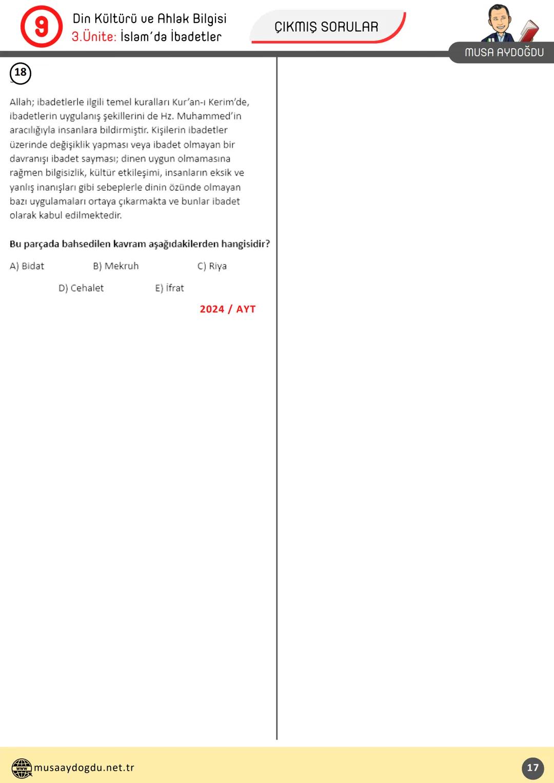 --- OCR Start ---
DİN KÜLTÜRÜ VE AHLAK BİLGİSİ
9
3.Ünite: İslam'da İbadetler
Ders Notları
DİN KÜLTÜRÜ VE AHLAK BIL
MUSA AYDOĞDU
MUSA AYDOĞDU