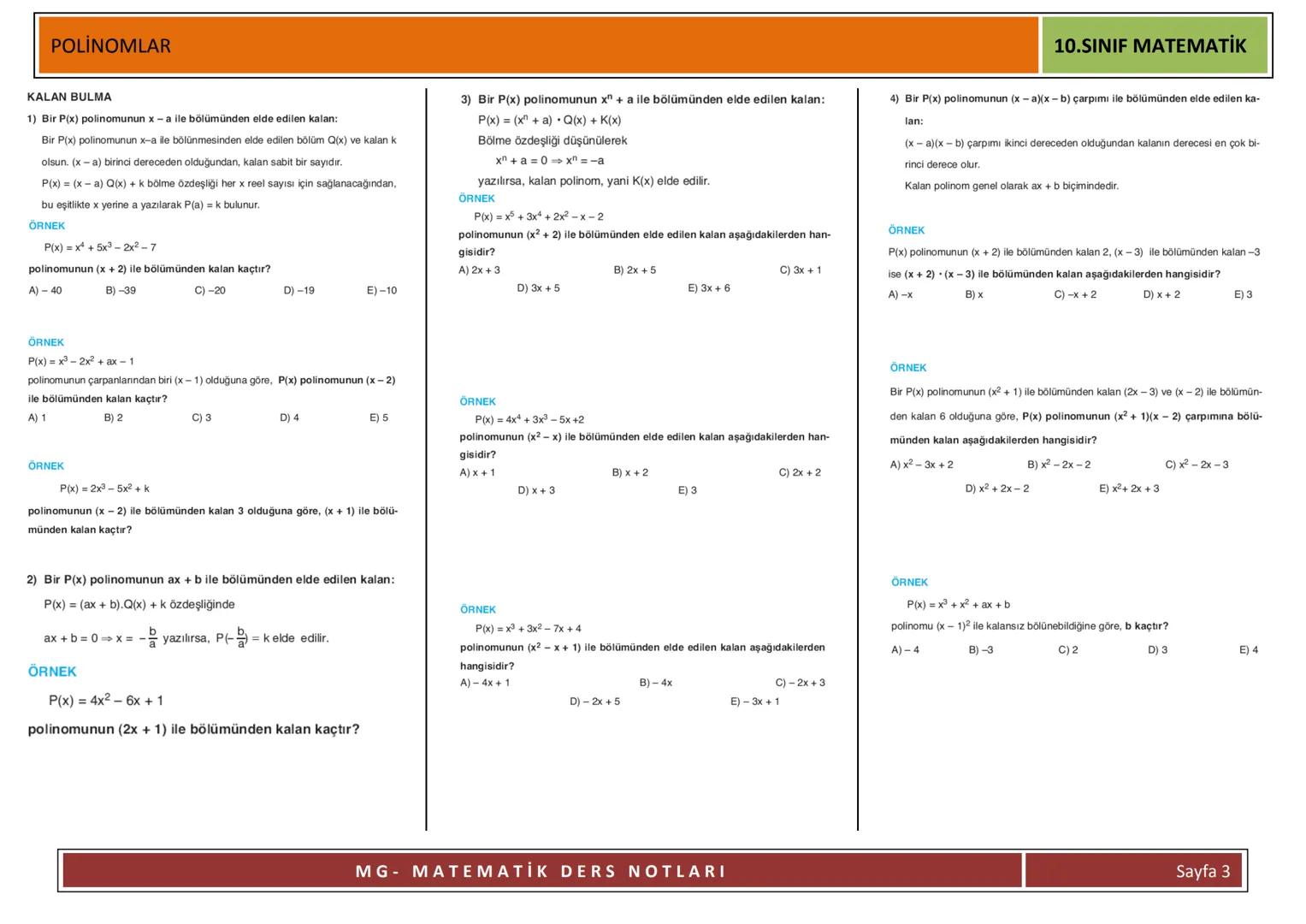 # POLİNOMLAR
POLİNOMLAR
ap, a1, a2,..., a, ER ve n ∈ N olmak üzere,
$P(x) = a_n x^n + a_{n-1}x^{n-1} + ... + a_2x^2 + a_1x + a_0$
ifadesine