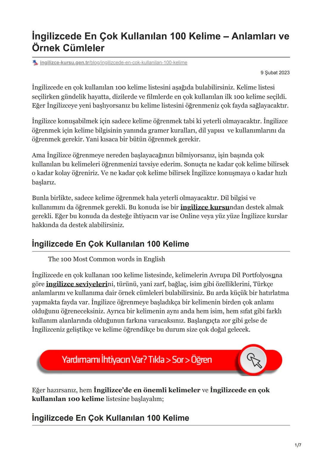 # İngilizcede En Çok Kullanılan 100 Kelime - Anlamları ve
Örnek Cümleler
[ingilizce-kursu.gen.tr/blog/ingilizcede-en-cok-kullanilan-100-kel