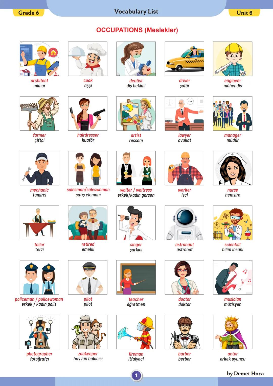 --- OCR Start ---
Grade 6
architect
mimar
cook
aşçı
Vocabulary List
OCCUPATIONS (Meslekler)
dentist
diş hekimi
Unit 6
driver
şoför
engineer