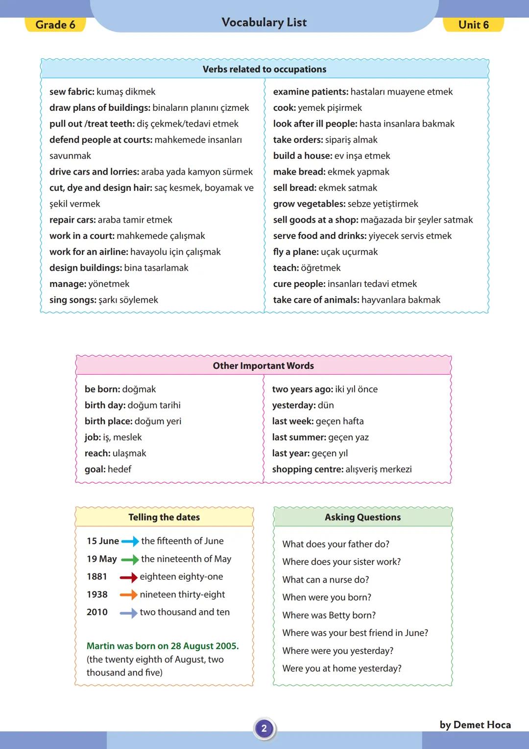 --- OCR Start ---
Grade 6
architect
mimar
cook
aşçı
Vocabulary List
OCCUPATIONS (Meslekler)
dentist
diş hekimi
Unit 6
driver
şoför
engineer