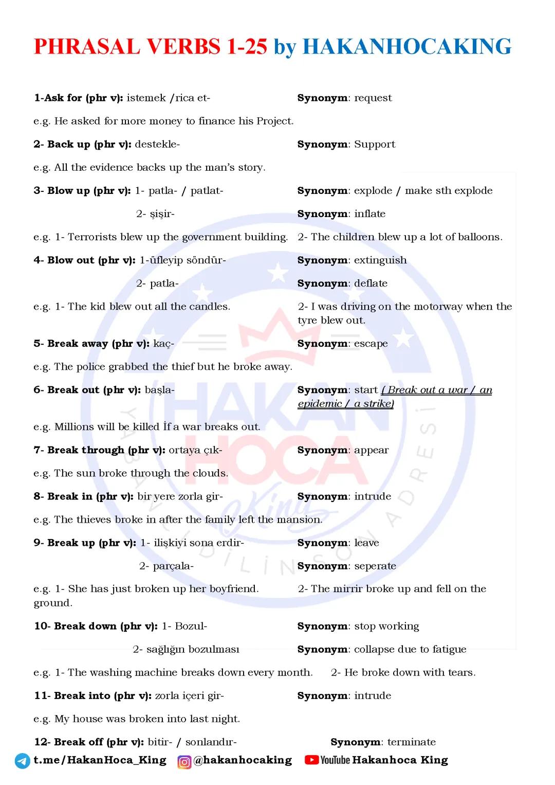 Phrasel Verb Çıkmış Sorular kelimeler