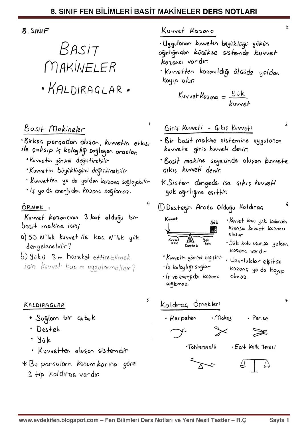 8.sınıf fen bilimleri basit makineler hakkında notlar