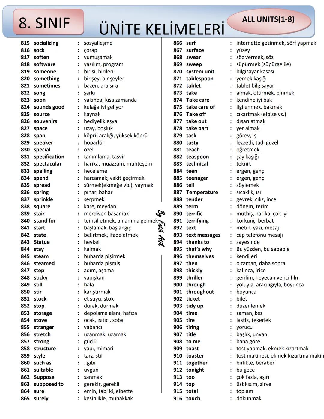 8. SINIF
ÜNİTE KELİMELERİ
ALL UNITS(1-8)
Fatik Atik
1 abbreviation : kısaltma
2 above : yukarıda, yukarıdaki
3 absorb : emmek
4 accept : kab