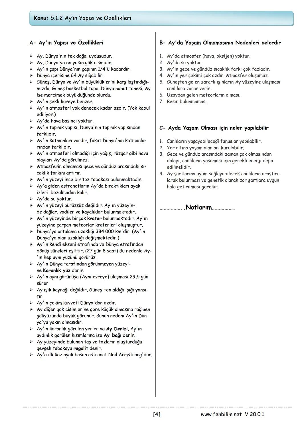 # 5.Sınıf Fen Bilimleri
# Ders Notları
Barış ZEREN
Fen Bilimleri Öğretmeni
www.fenbilim.net V 20.0.1 1.ÜNİTE: Güneş, Dünya ve Ay
Konu: 5.1