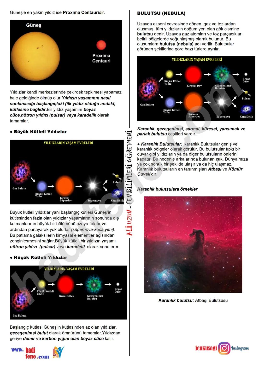 # 7.SINIF 1.ÜNİTE
GÜNEŞ SİSTEMİ VE ÖTESİ
GÖK CİSİMLERİ
Ali Hocayla Hadi Fene
www.hadifene.com
YILDIZLAR
Yıldızlar; ısı ve ışık kaynağı o