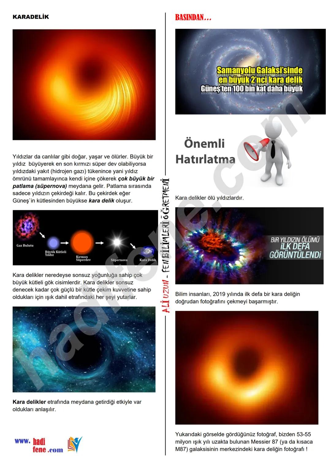 # 7.SINIF 1.ÜNİTE
GÜNEŞ SİSTEMİ VE ÖTESİ
GÖK CİSİMLERİ
Ali Hocayla Hadi Fene
www.hadifene.com
YILDIZLAR
Yıldızlar; ısı ve ışık kaynağı o