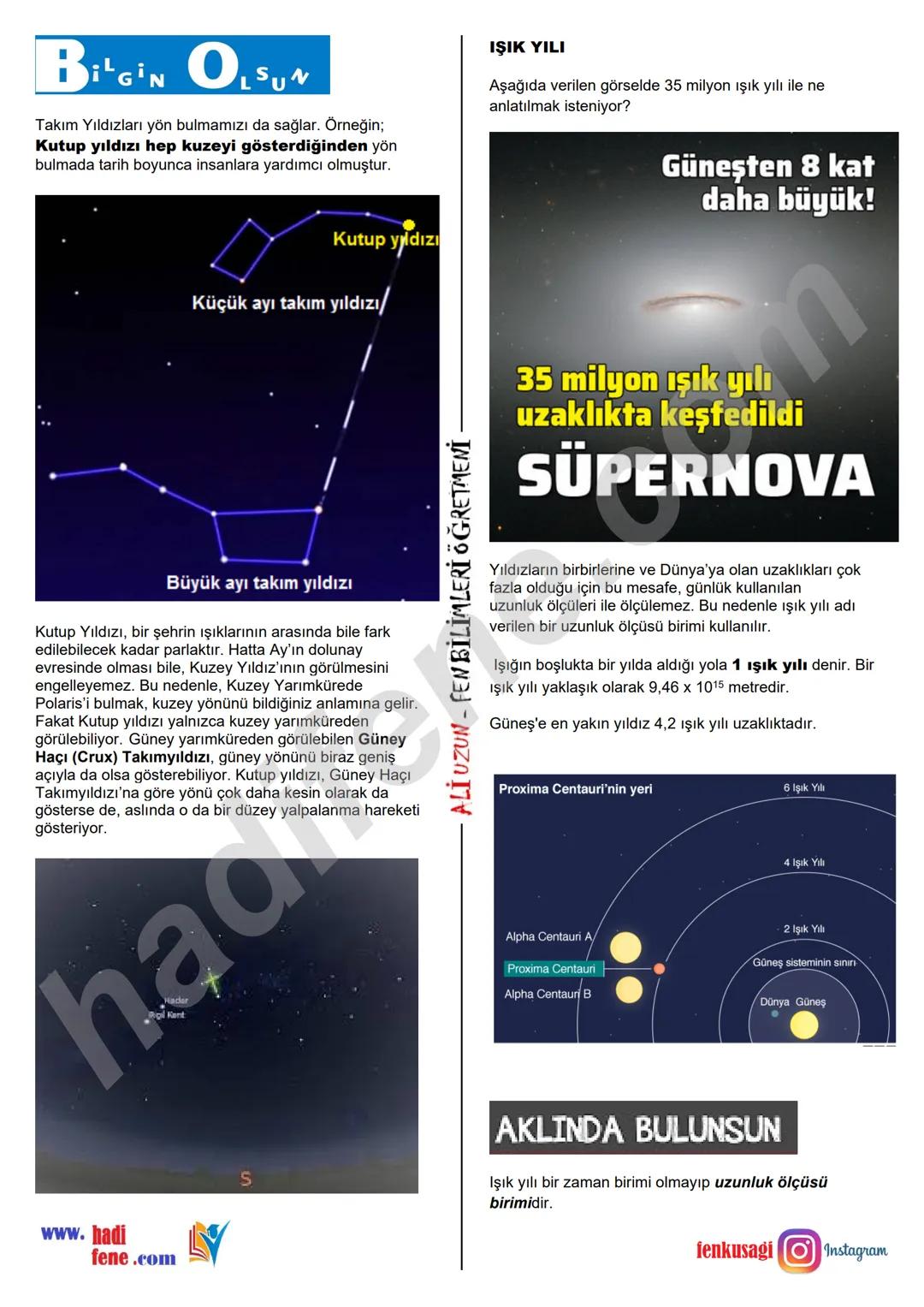 # 7.SINIF 1.ÜNİTE
GÜNEŞ SİSTEMİ VE ÖTESİ
GÖK CİSİMLERİ
Ali Hocayla Hadi Fene
www.hadifene.com
YILDIZLAR
Yıldızlar; ısı ve ışık kaynağı o