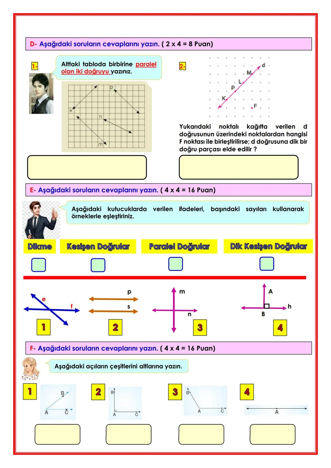 --- OCR Start ---
yılı 5. Sınıflar
1. Dönem MATEMATİK 1. Sınavı
ORTAOKULU
ADI SOYADI:
SINIFI:
A- Aşağıdaki soruların cevaplarını altlarına y