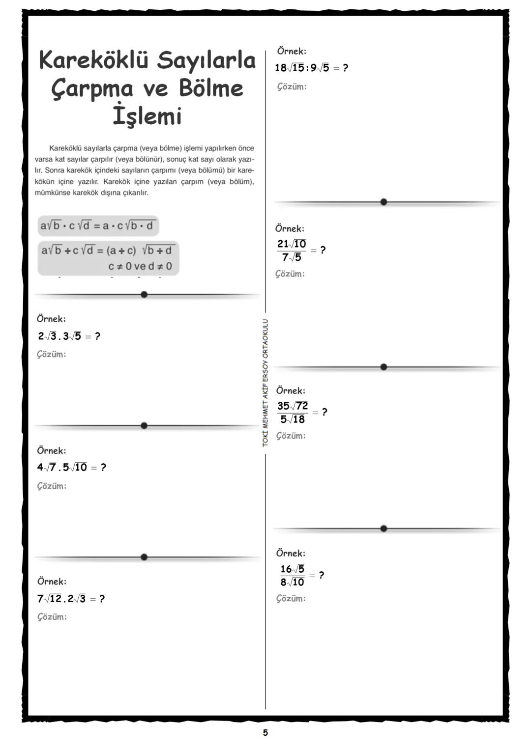 # 8.SINIF KAREKÖKLÜ SAYILAR DERS NOTLARI
Tam Kare Doğal Sayıların
Karekökünü Bulma
$
\sqrt{64} \neq (-8)
$ → bir tamsayının karekökü negat