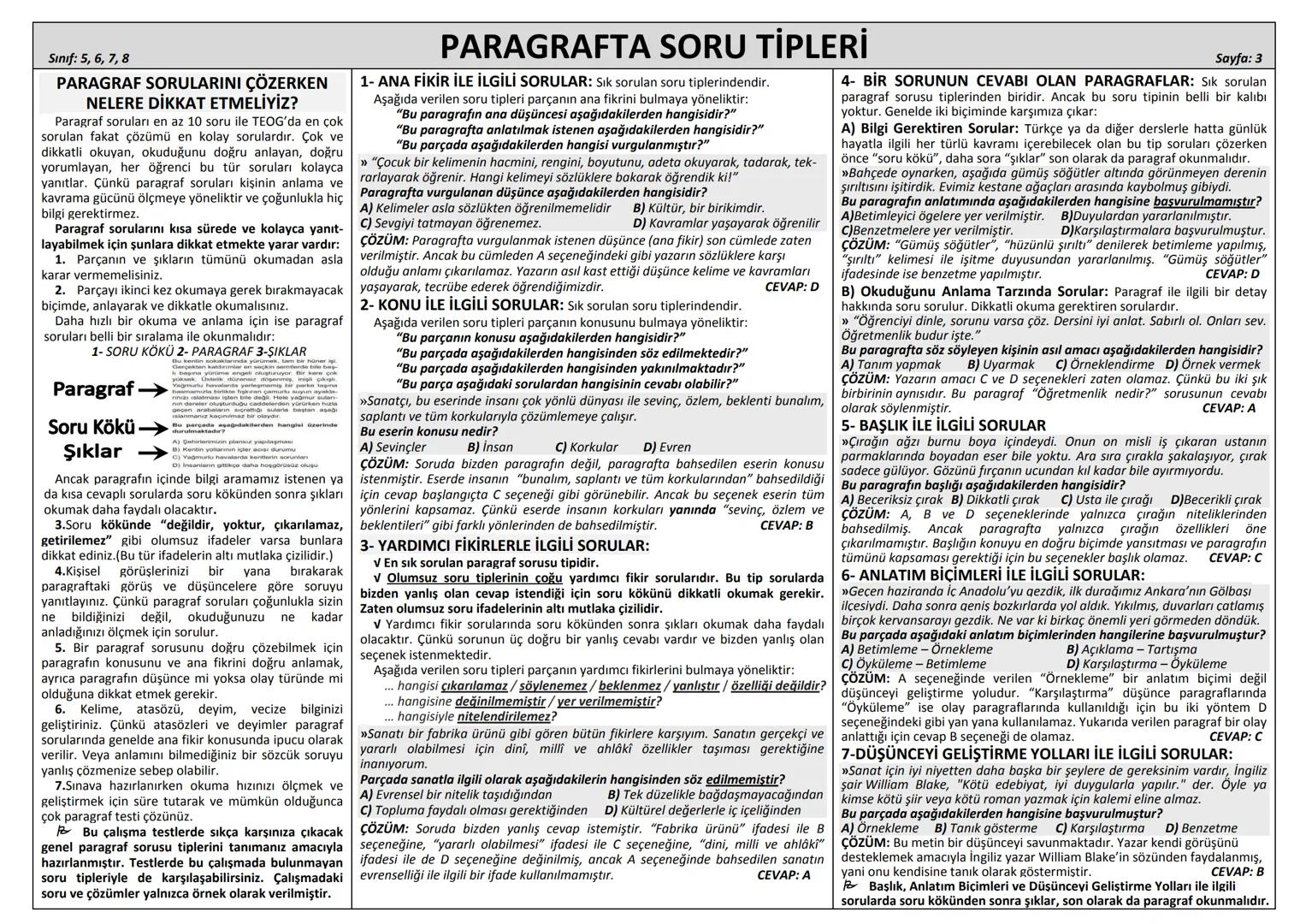 Sınıf: 5, 6, 7, 8
PARAGRAFTA (PARÇADA) ANLAM
PARAGRAFIN ANLAM YÖNÜ
KONU: "Parçada/paragrafta ne anlatılıyor?" sorusunun cevabı konuyu ver
