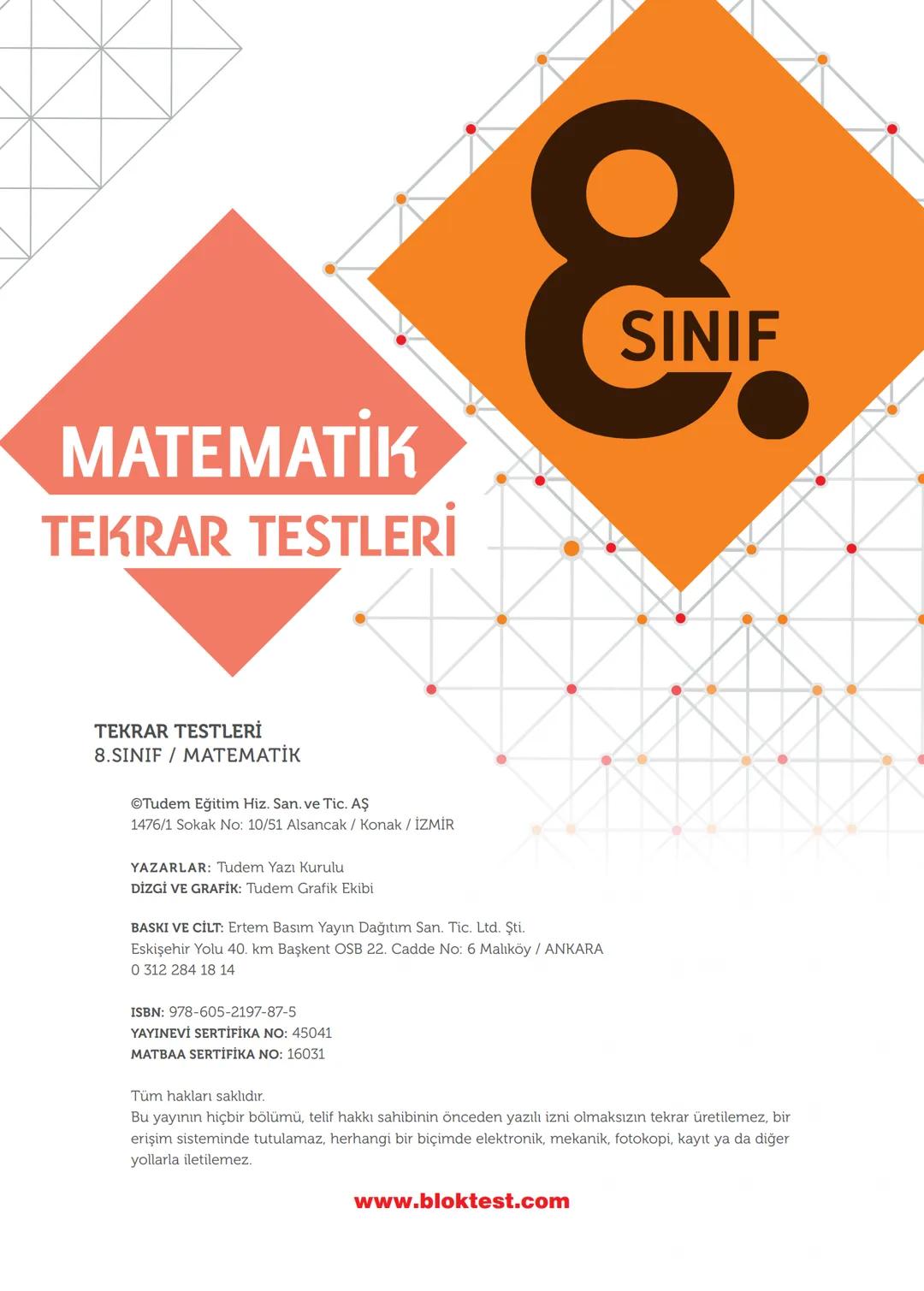--- OCR Start ---
MATEMATİK
8.
SINIF
TEKRAR
TESTLERİ
✓ Kazanım Tekrar Testleri
✓ Ünite Tekrar Testleri
✔ Dönem Tekrar Testleri
✓ Genel Tekra