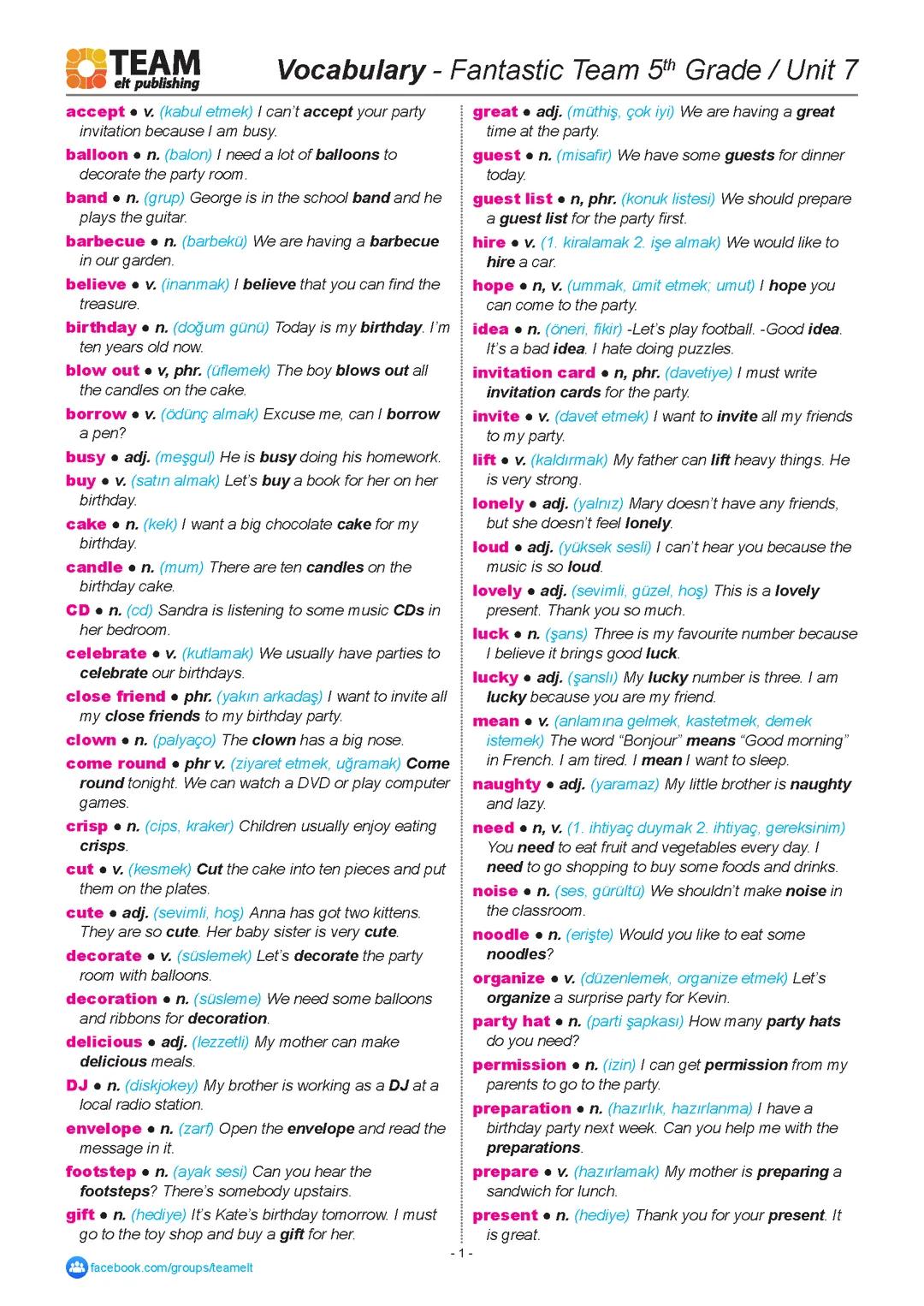 5. Sınıf İngilizce 7. Ünite Kelimeleri