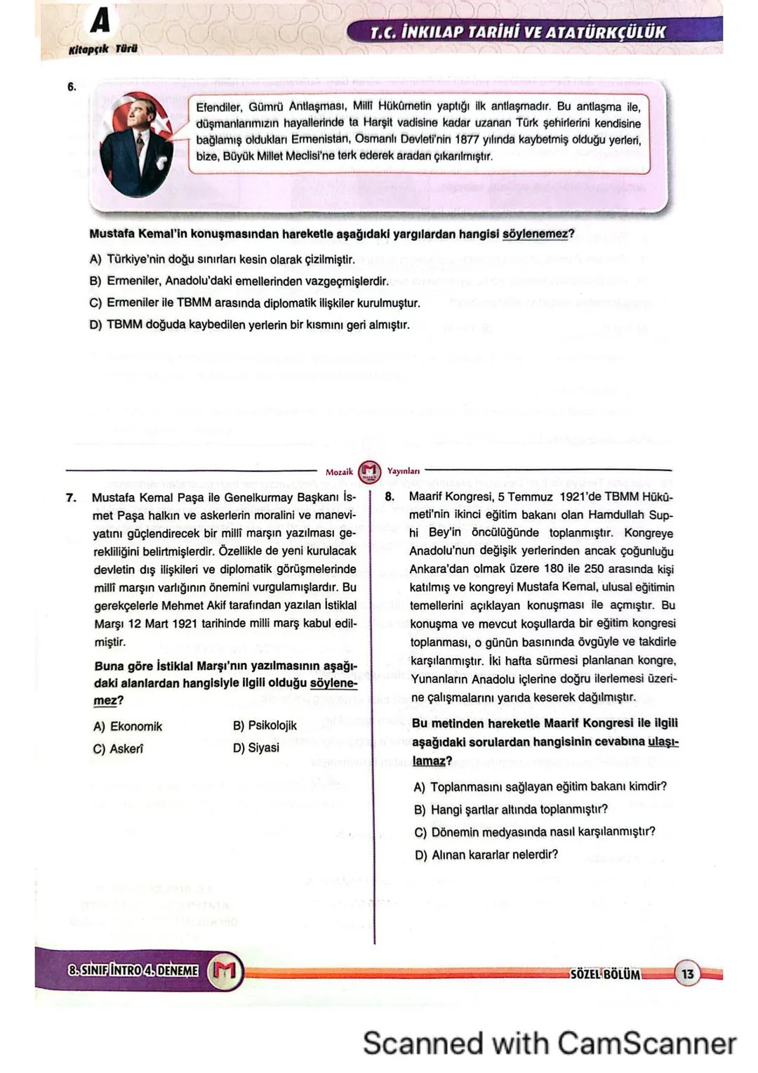 8LGS
■SINIF
8. SINIF
BÖLÜM
SÖZEL
A KİTAPÇIĞI
M
mozaik
yayınları
INTRO
DENEME
SÖZEL
BÖLÜM
KİTAPÇIKA
ADI SOYADI
SINIFI/ŞUBESİ
ÖĞRENCİ NO
ÖĞRE
