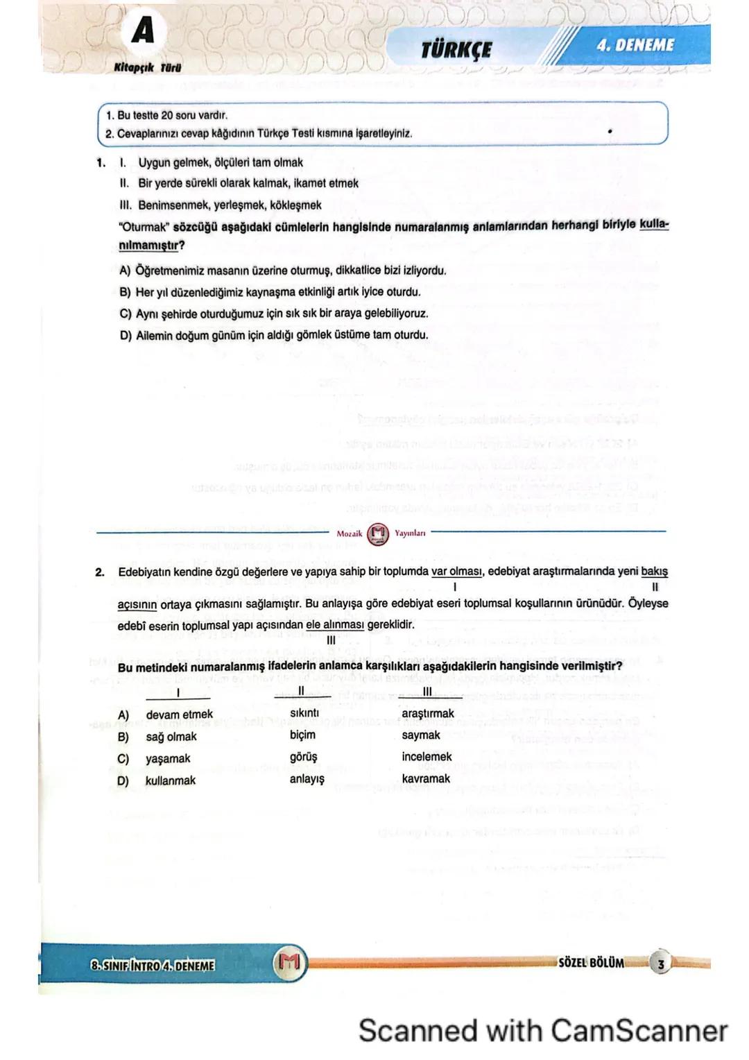 8LGS
■SINIF
8. SINIF
BÖLÜM
SÖZEL
A KİTAPÇIĞI
M
mozaik
yayınları
INTRO
DENEME
SÖZEL
BÖLÜM
KİTAPÇIKA
ADI SOYADI
SINIFI/ŞUBESİ
ÖĞRENCİ NO
ÖĞRE