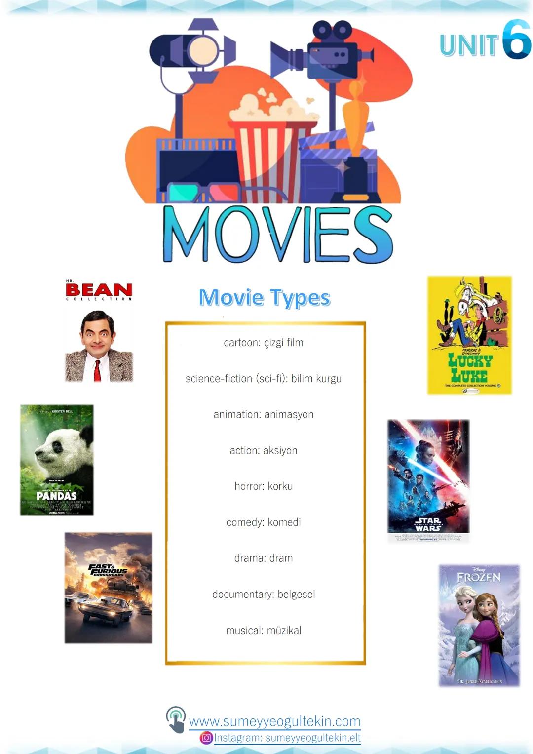 # UNIT 6
# MOVIES
## Movie Types
cartoon: çizgi film
science-fiction (sci-fi): bilim kurgu
animation: animasyon
action: aksiyon
horror: k