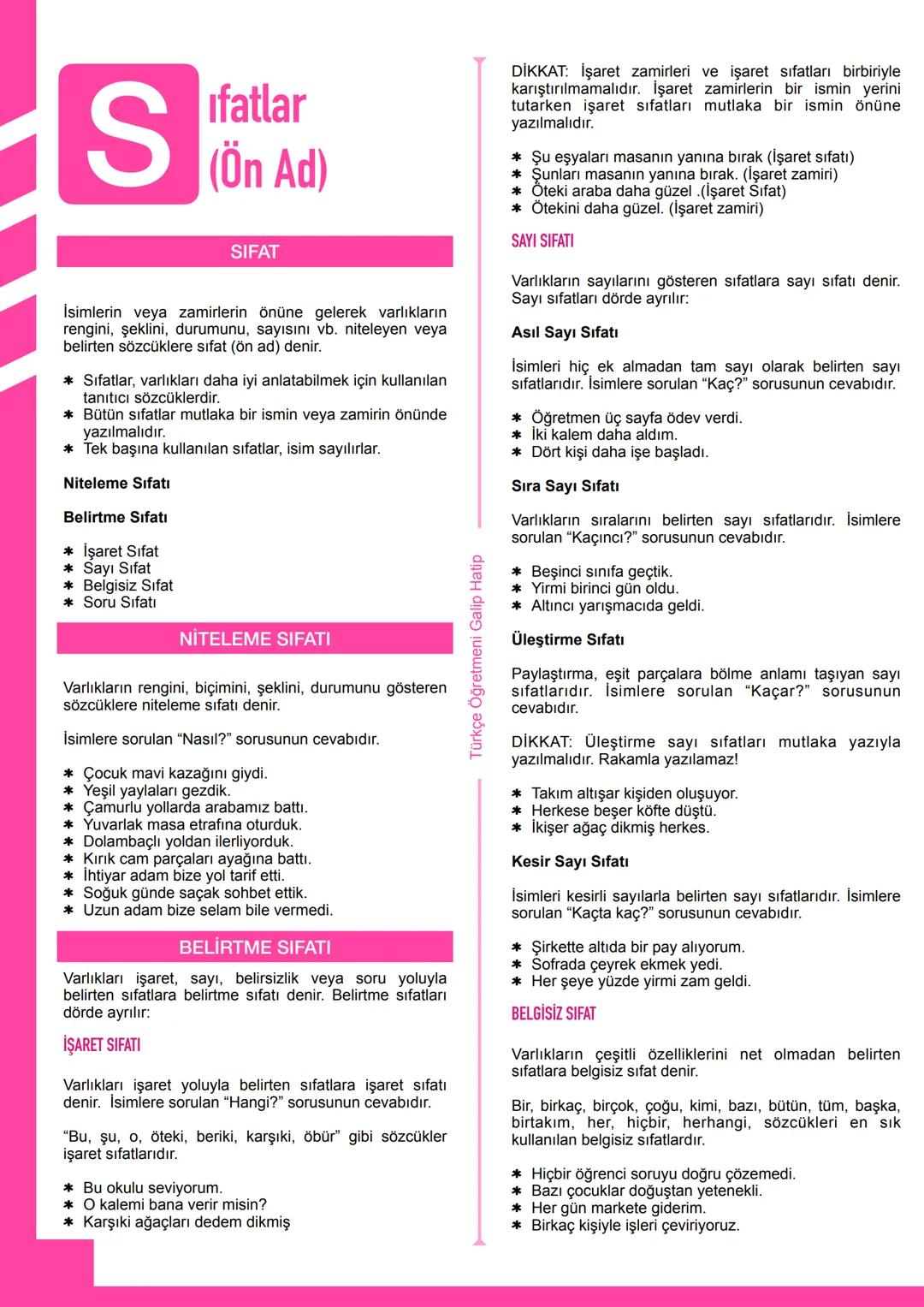 --- OCR Start ---
s
ıfatlar
(Ön Ad)
SIFAT
İsimlerin veya zamirlerin önüne gelerek varlıkların
rengini, şeklini, durumunu, sayısını vb. nitel