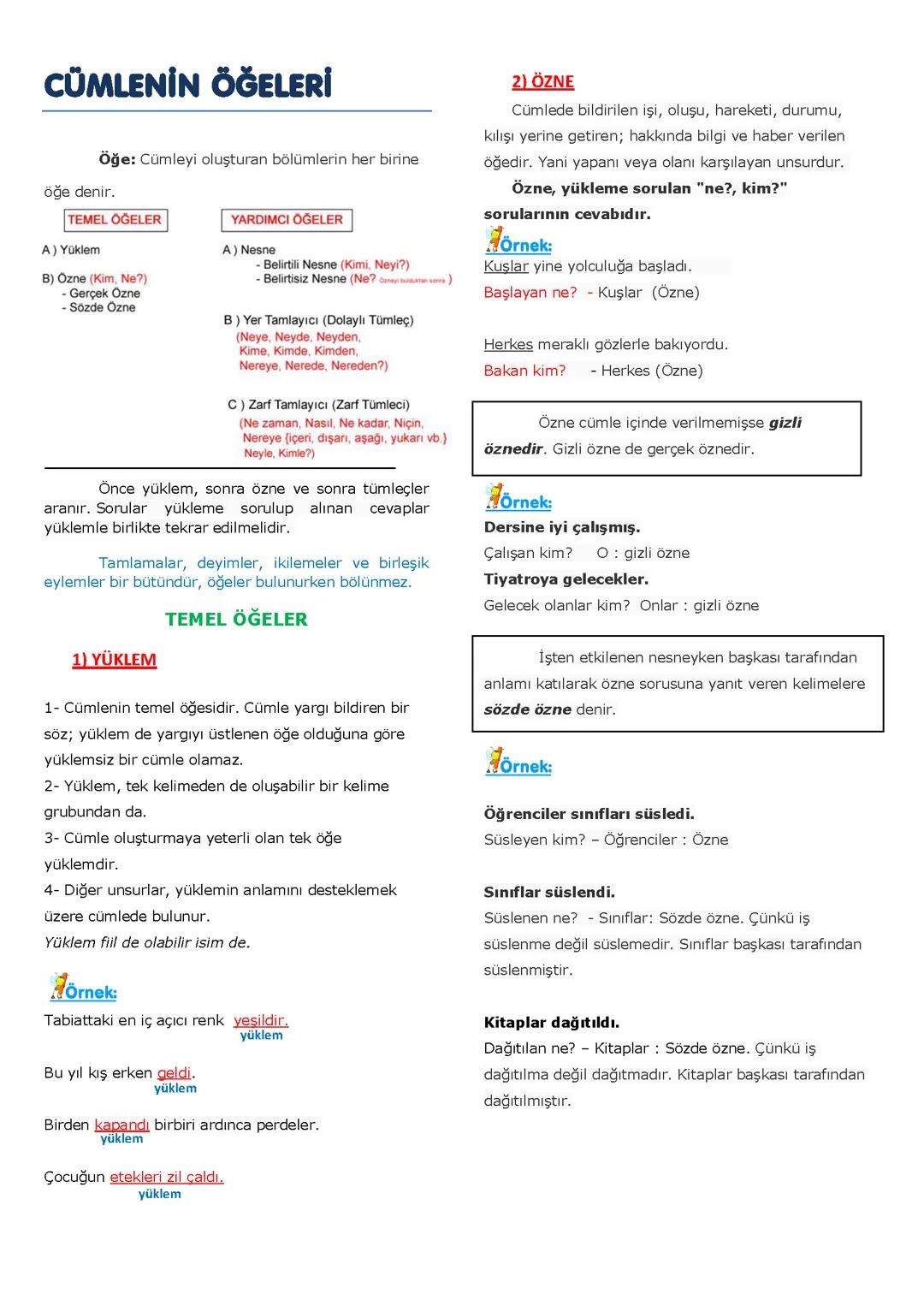 8. Sınıf Türkçe cümlenin öğeleri ders notları