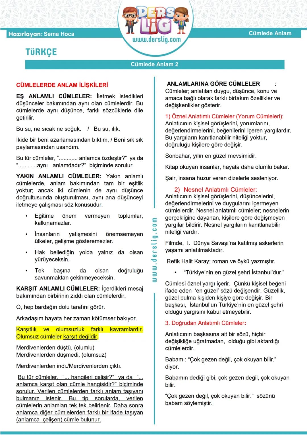 Cümlede anlam 8.sınıf türkçe – 1. sayfa