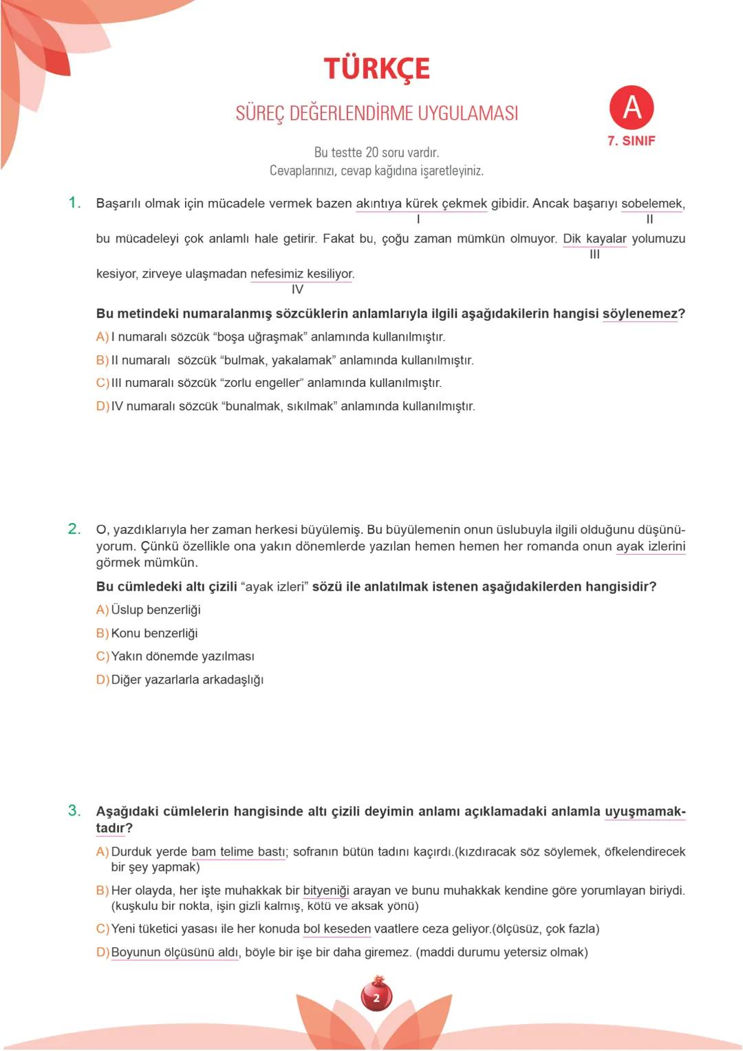 TÜRKİYE GENELİ
2.
250109
7.
Sınıf
SÜREÇ DEĞERLENDİRME
UYGULAMASI
A
KİTAPÇIĞI
Adı Soyadı: ............................................