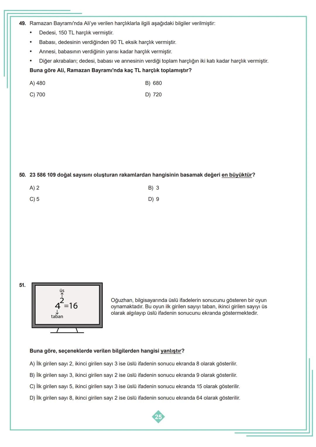 5.SINIF 1. ÜNİTE
ÇALIŞMA FASİKÜLÜ
MATEMATİK
Bu kitapçık AMASYA Ölçme Değerlendirme Merkezi
tarafından hazırlanmıştır. 1. Aşağıda verilen ifa