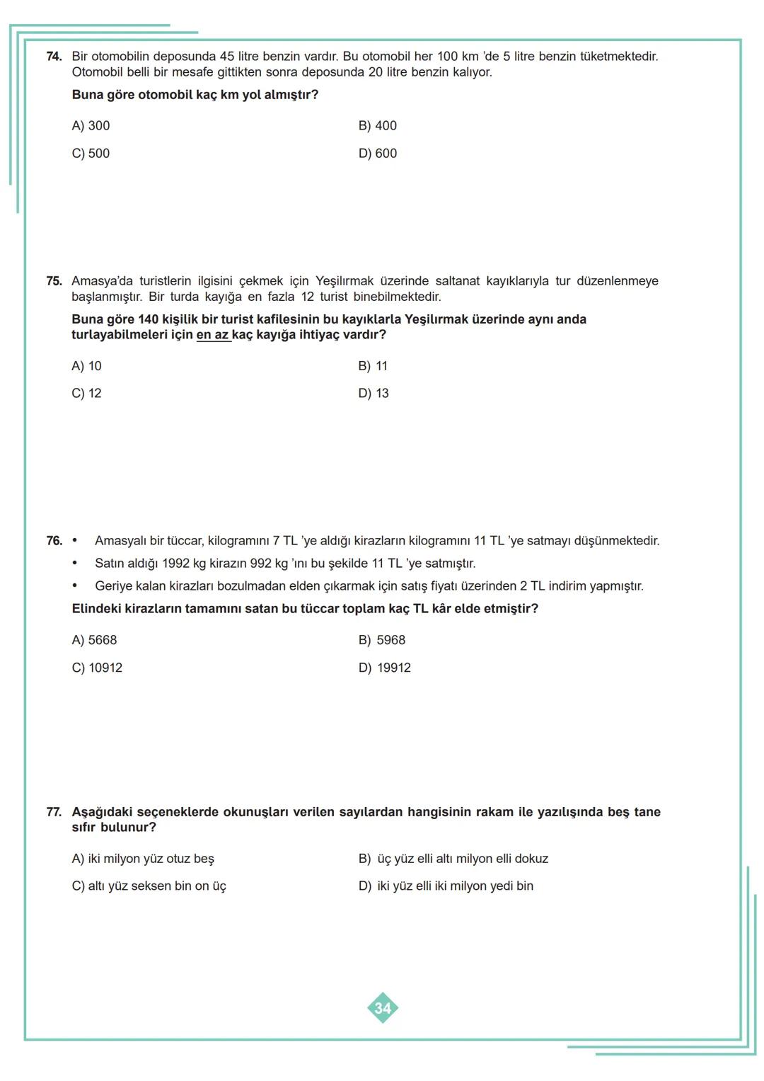 5.SINIF 1. ÜNİTE
ÇALIŞMA FASİKÜLÜ
MATEMATİK
Bu kitapçık AMASYA Ölçme Değerlendirme Merkezi
tarafından hazırlanmıştır. 1. Aşağıda verilen ifa