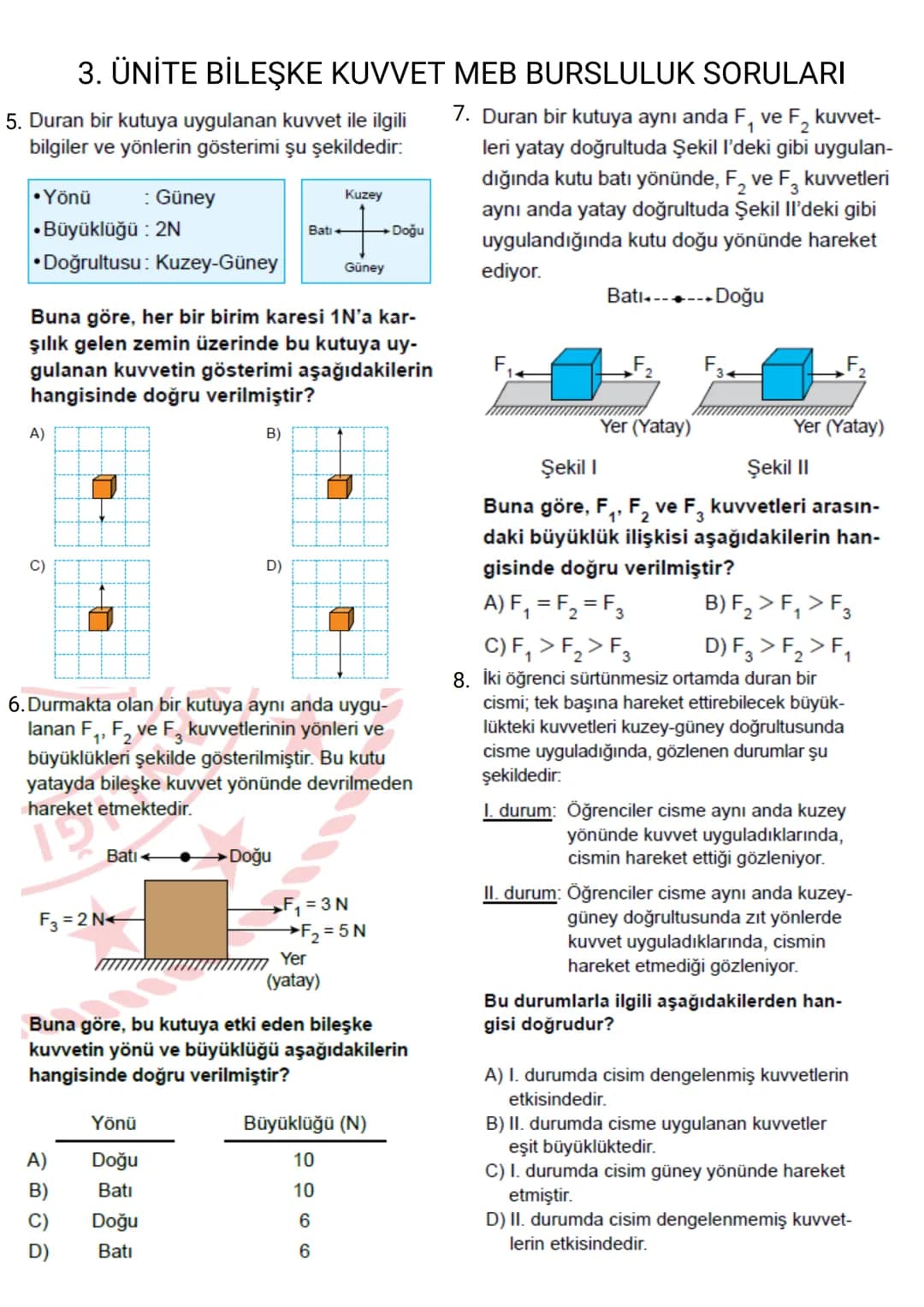3. ÜNİTE BİLEŞKE KUVVET MEB BURSLULUK SORULARI
(2024-2011)
1. Sürtünmesiz yatay bir zeminde duran bir cis- 3. Bir öğrenci, sürtünmesiz yata