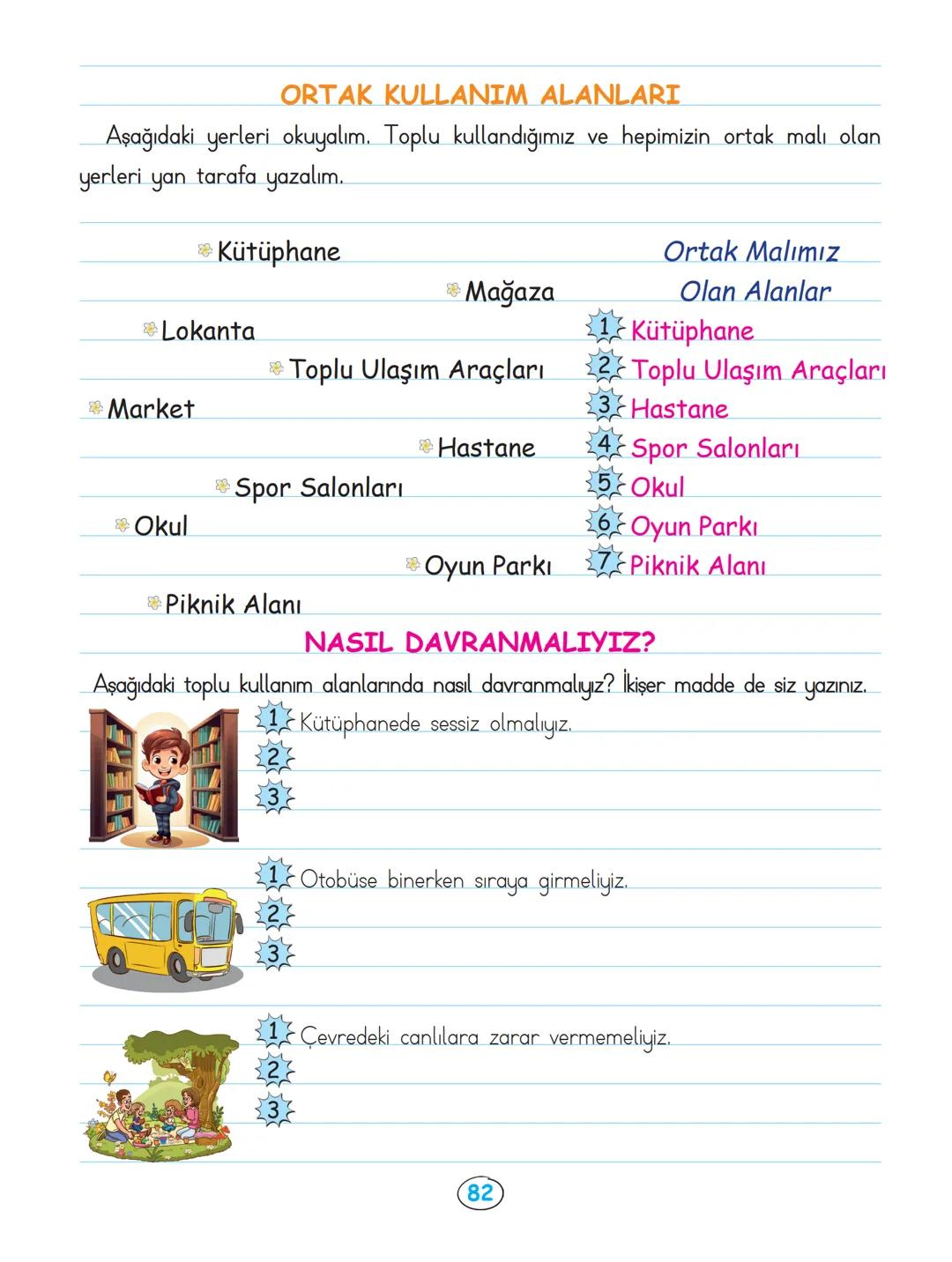 --- OCR Start ---
ORTAK KULLANIM ALANLARI
Aşağıdaki yerleri okuyalım. Toplu kullandığımız ve hepimizin ortak malı olan
yerleri yan tarafa ya