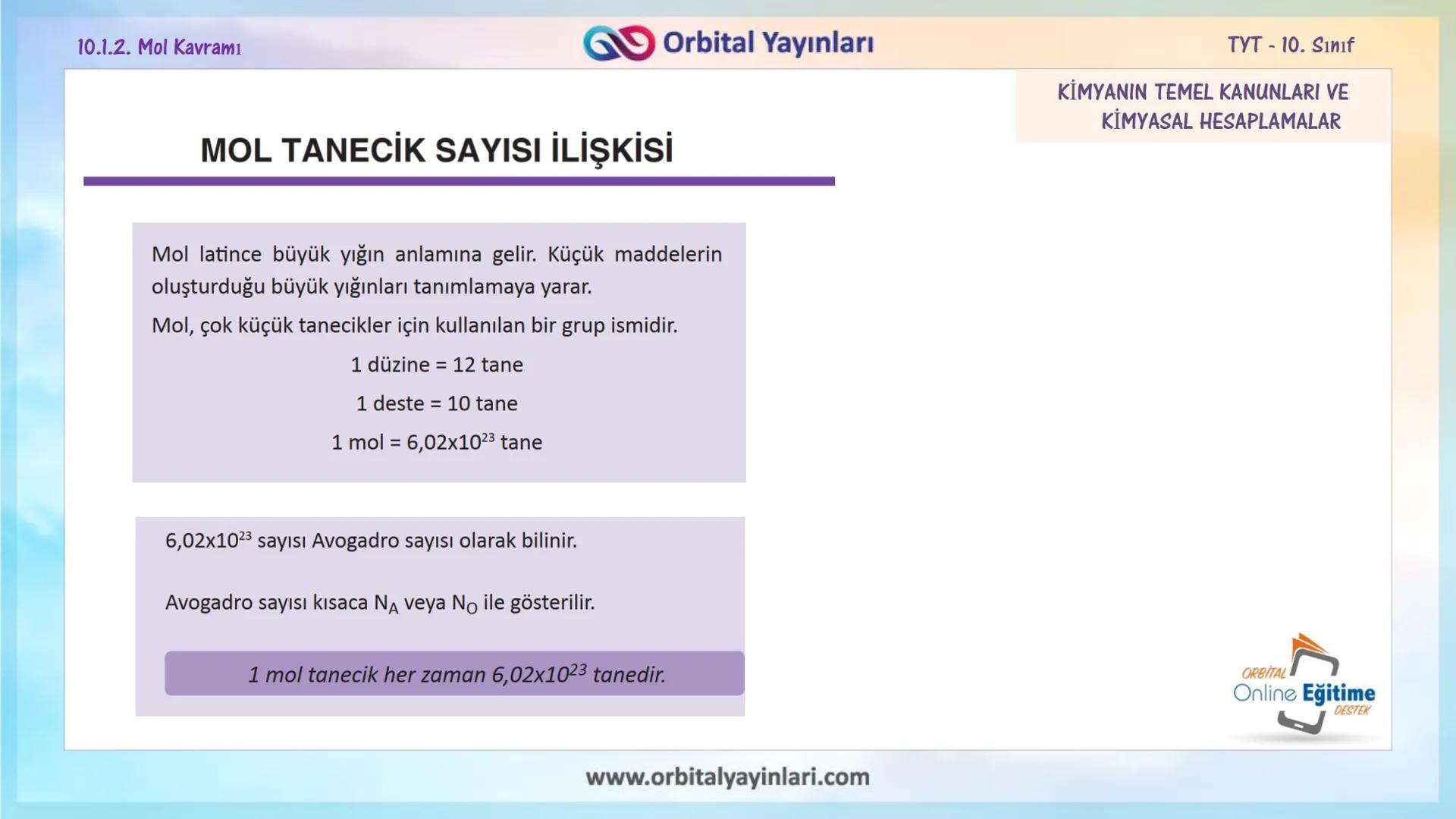 мит
11
+
ORBITAL
www.orbitalyayinlari.com
Online Eğitime
DESTEK
7. ÜNİTE
KONU
ANLATIMI
MOL KAVRAMI
10.1.2. Mol Kavramı
Orbital Yayınları 10.