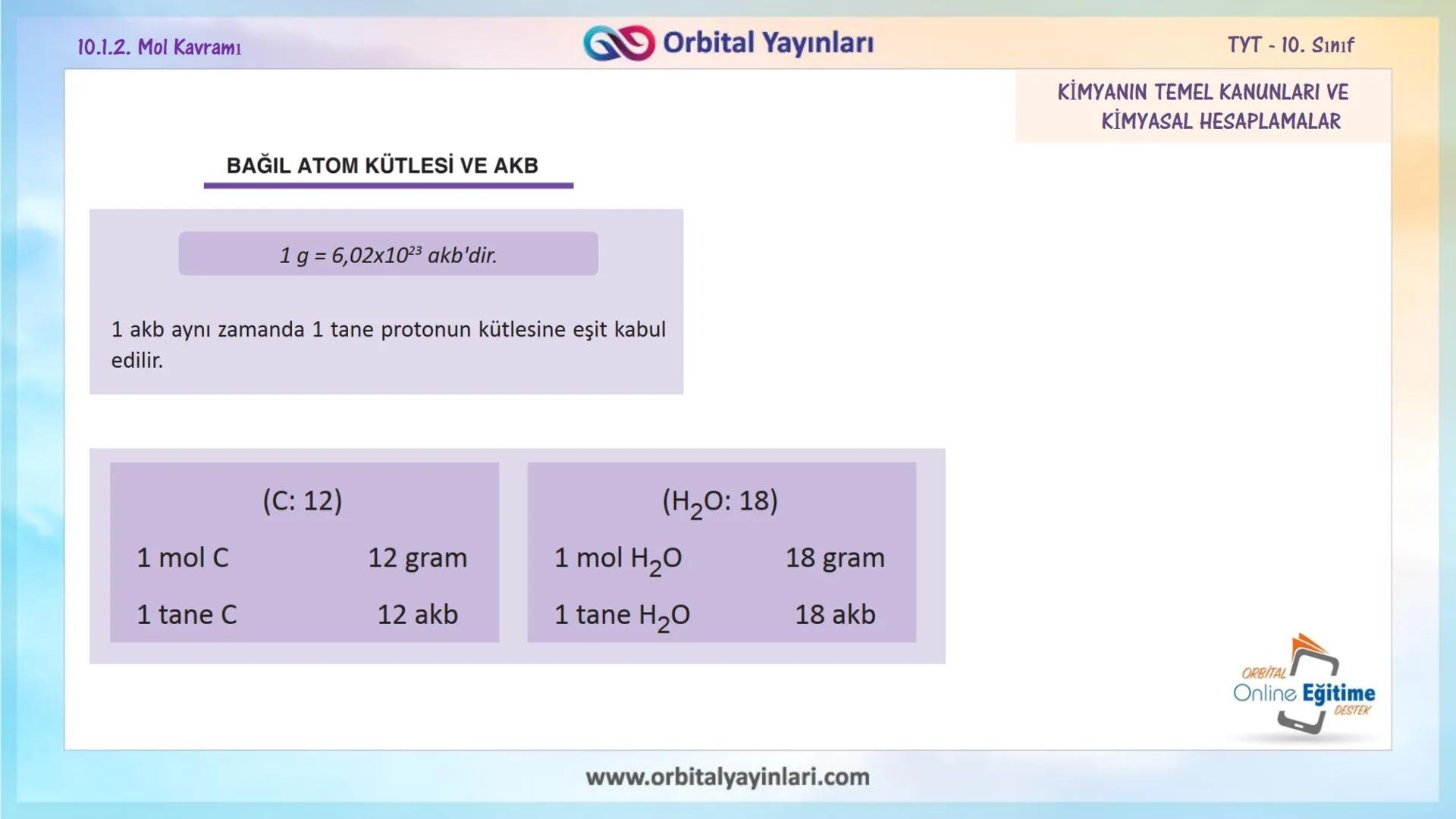 мит
11
+
ORBITAL
www.orbitalyayinlari.com
Online Eğitime
DESTEK
7. ÜNİTE
KONU
ANLATIMI
MOL KAVRAMI
10.1.2. Mol Kavramı
Orbital Yayınları 10.