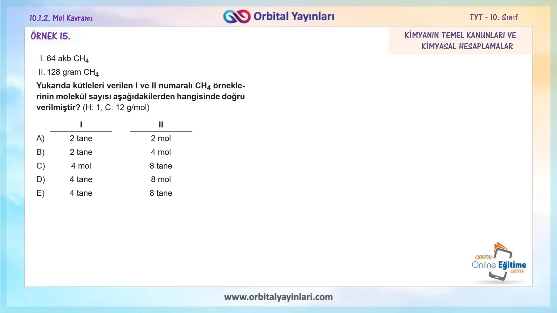 мит
11
+
ORBITAL
www.orbitalyayinlari.com
Online Eğitime
DESTEK
7. ÜNİTE
KONU
ANLATIMI
MOL KAVRAMI
10.1.2. Mol Kavramı
Orbital Yayınları 10.