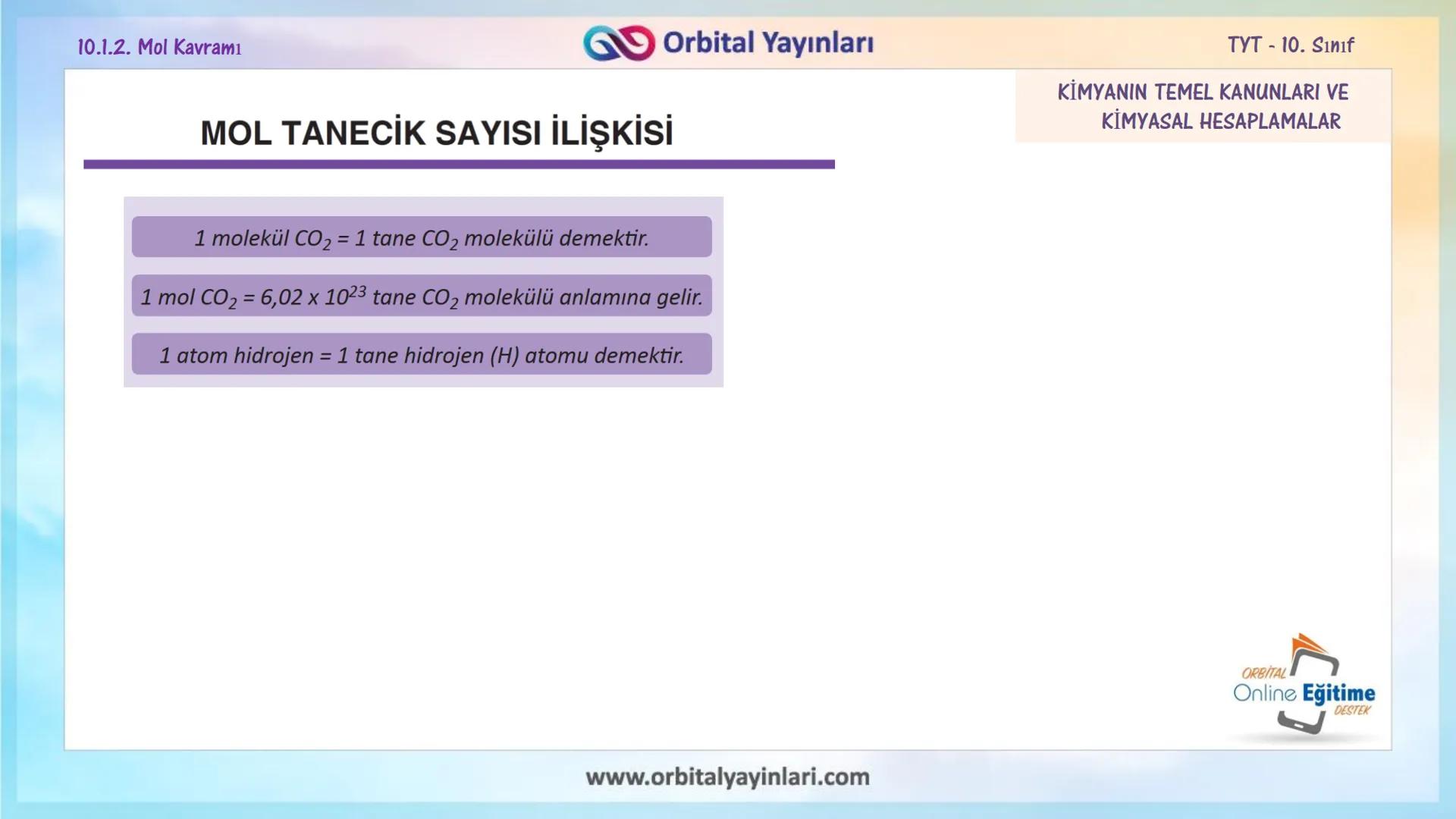 мит
11
+
ORBITAL
www.orbitalyayinlari.com
Online Eğitime
DESTEK
7. ÜNİTE
KONU
ANLATIMI
MOL KAVRAMI
10.1.2. Mol Kavramı
Orbital Yayınları 10.