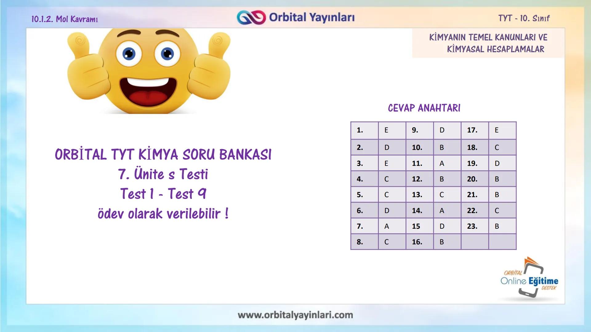 мит
11
+
ORBITAL
www.orbitalyayinlari.com
Online Eğitime
DESTEK
7. ÜNİTE
KONU
ANLATIMI
MOL KAVRAMI
10.1.2. Mol Kavramı
Orbital Yayınları 10.