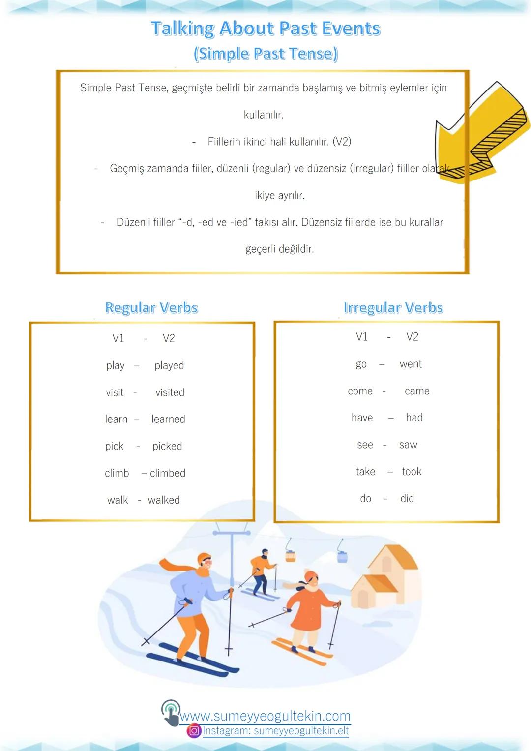 UNIT 7
HOLIDAYS
Holiday Activities
skiing: kayak yapmak
climbing: dağcılık/tırmanış
sailing: yelkenliyle denize açılmak
hiking/trekkin
