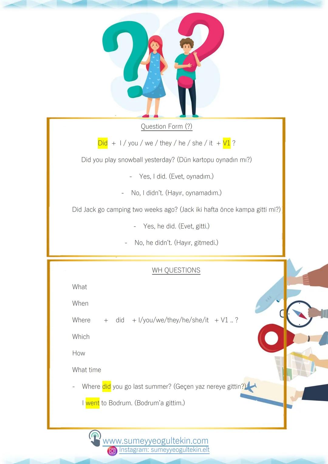 UNIT 7
HOLIDAYS
Holiday Activities
skiing: kayak yapmak
climbing: dağcılık/tırmanış
sailing: yelkenliyle denize açılmak
hiking/trekkin