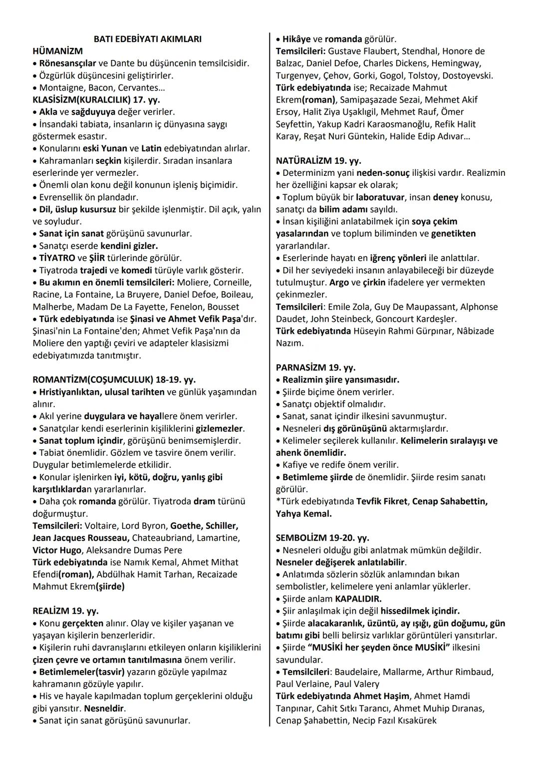 11. Sınıf Batı Edebiyatı Akımları ve Özet Bilgiler