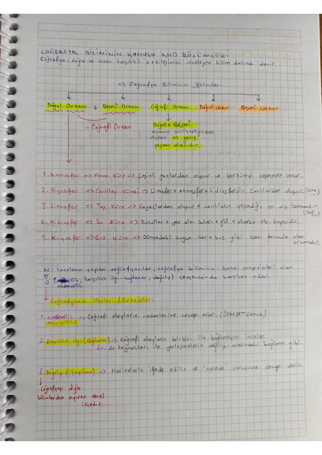 --- OCR Start ---
COĞRAFYA BİLİMİNİN KONUSU AND BÖLÜMLERİ
Coğrafya; doğa ve insan karşılıklı etkileşimini inceleyen bilim dalına denir.
=) C