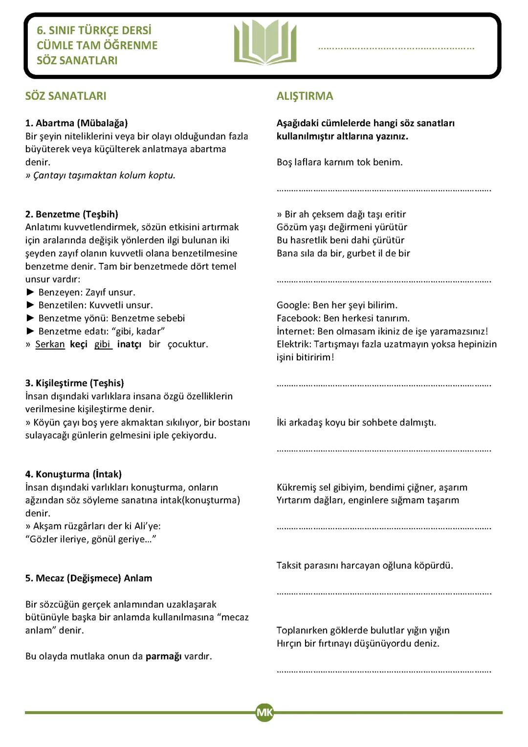 6.Sınıf Türkçe Söz Sanatları