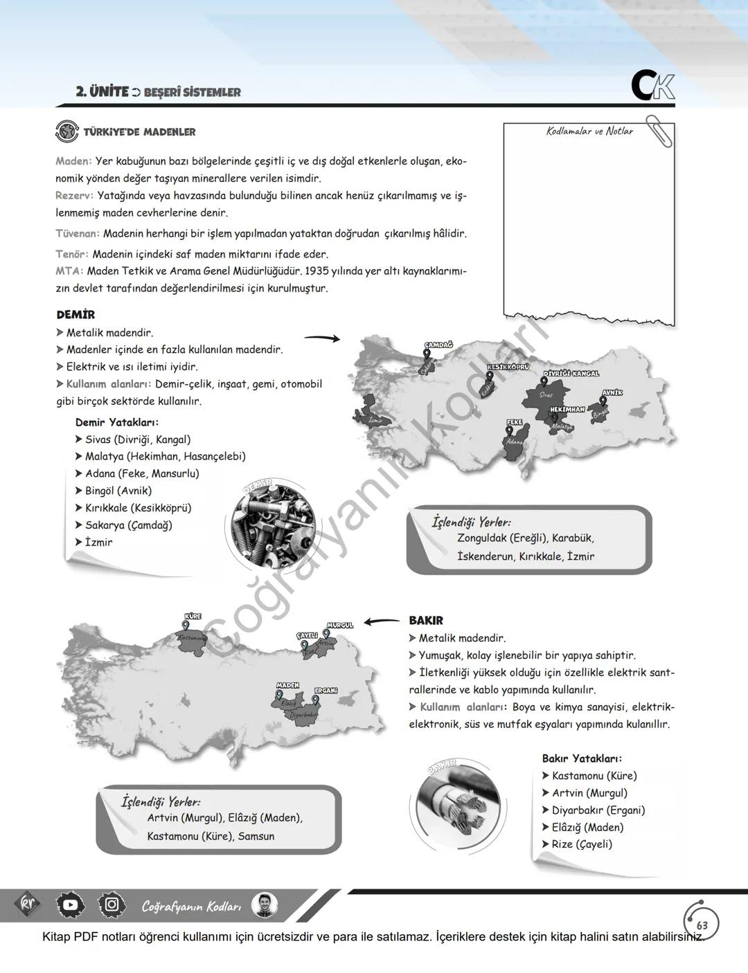 2. ÜNİTE BEŞERİ SİSTEMLER
TÜRKİYE'DE MADENLER
Maden: Yer kabuğunun bazı bölgelerinde çeşitli iç ve dış doğal etkenlerle oluşan, eko-
omik yö
