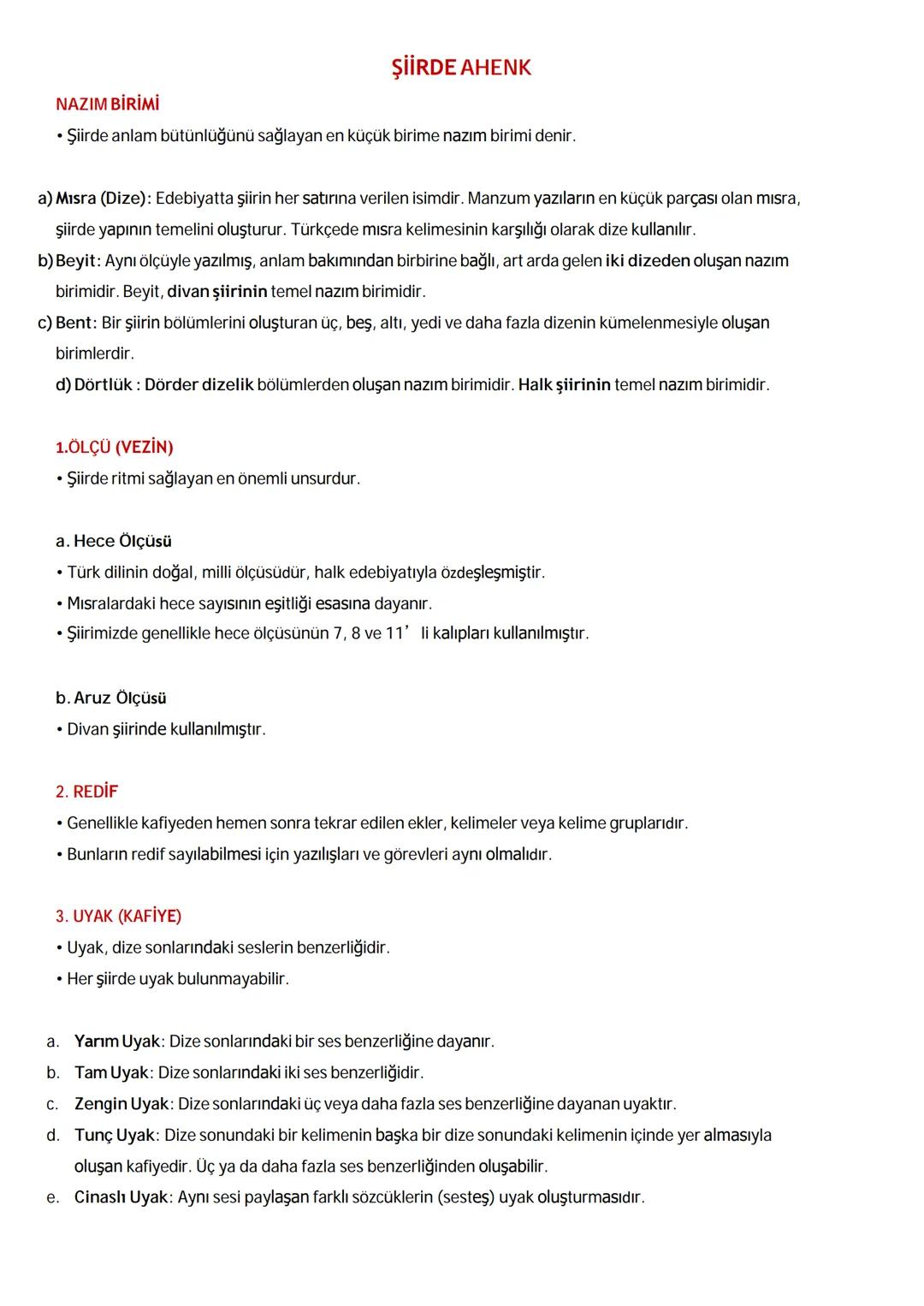 # ŞİİRDE AHENK
NAZIM BİRİMİ
• Şiirde anlam bütünlüğünü sağlayan en küçük birime nazım birimi denir.
a) Mısra (Dize): Edebiyatta şiirin he
