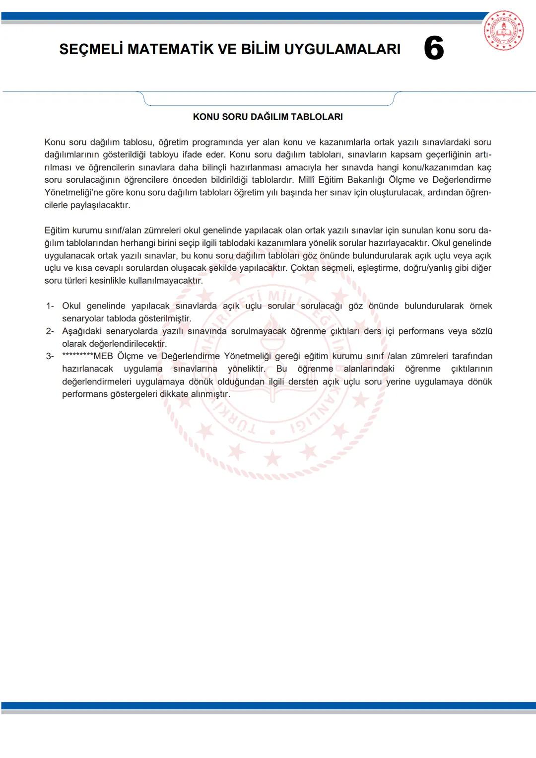 --- OCR Start ---
SEÇMELİ MATEMATİK VE BİLİM UYGULAMALARI
6
KONU SORU DAĞILIM TABLOLARI
Konu soru dağılım tablosu, öğretim programında yer a