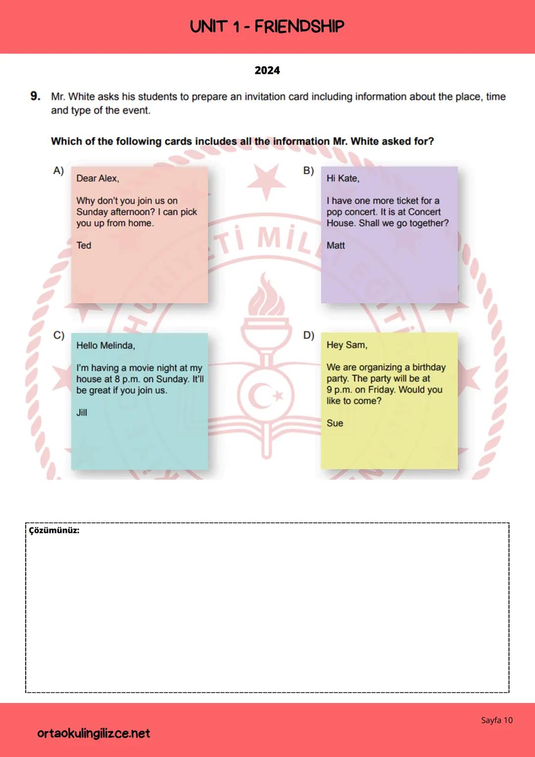 LGS
ENGLISH
ÇIKMIŞ SORULAR DERLEMESİ -1
FRIENDSHIP (2018-2024)
ORTAOKULİNGİLİZCE.NET # UNIT 1-FRIENDSHIP
2018
3. Mark : I am going to see