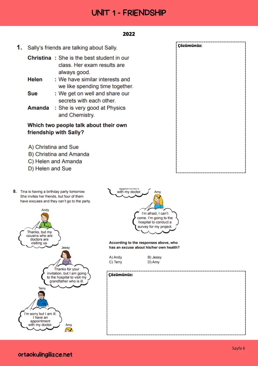 LGS
ENGLISH
ÇIKMIŞ SORULAR DERLEMESİ -1
FRIENDSHIP (2018-2024)
ORTAOKULİNGİLİZCE.NET # UNIT 1-FRIENDSHIP
2018
3. Mark : I am going to see