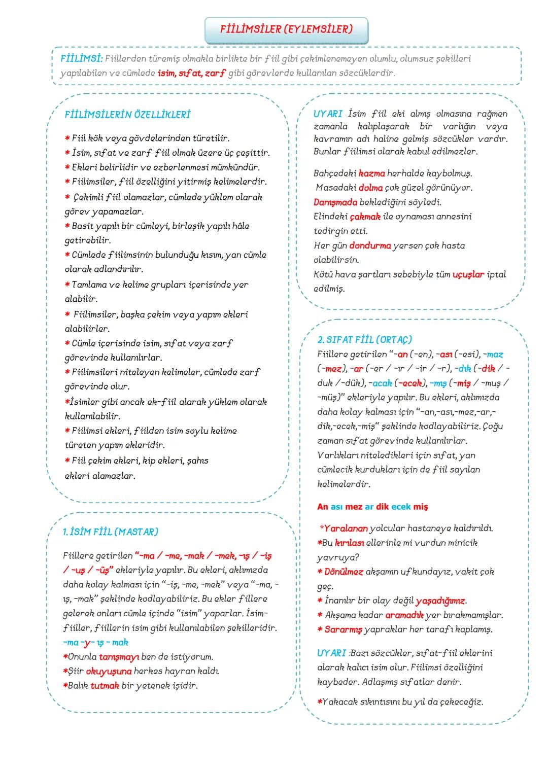 # TÜRKÇE
8.SINIF
DERS
NOTLARI
ADNAN BARAN
ÖNER # FİİLİMSİLER (EYLEMSİLER)
FİİLİMSİ: Fiillerden türemiş olmakla birlikte bir fiil gibi