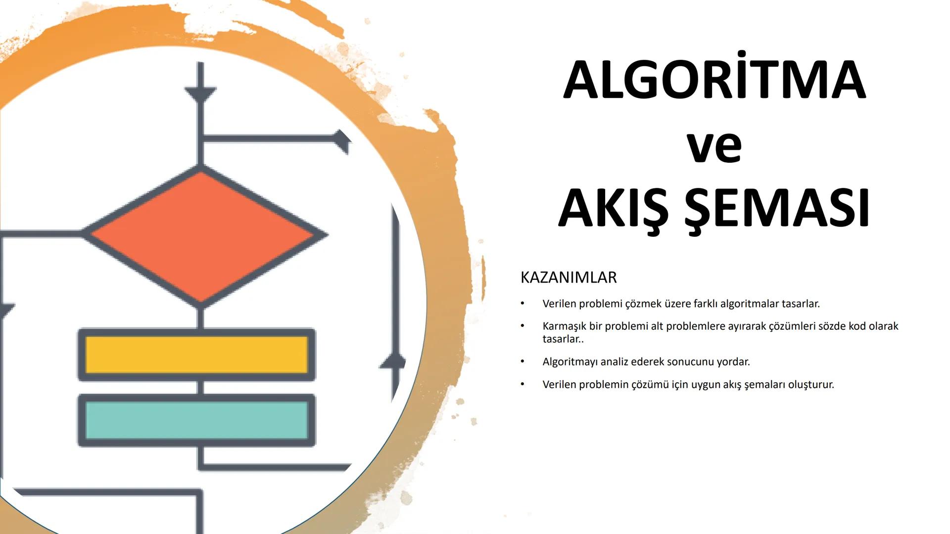 ALGORITMA
ve
AKIŞ ŞEMASI
KAZANIMLAR
* Verilen problemi çözmek üzere farklı algoritmalar tasarlar.
* Karmaşık bir problemi alt problemlere ay