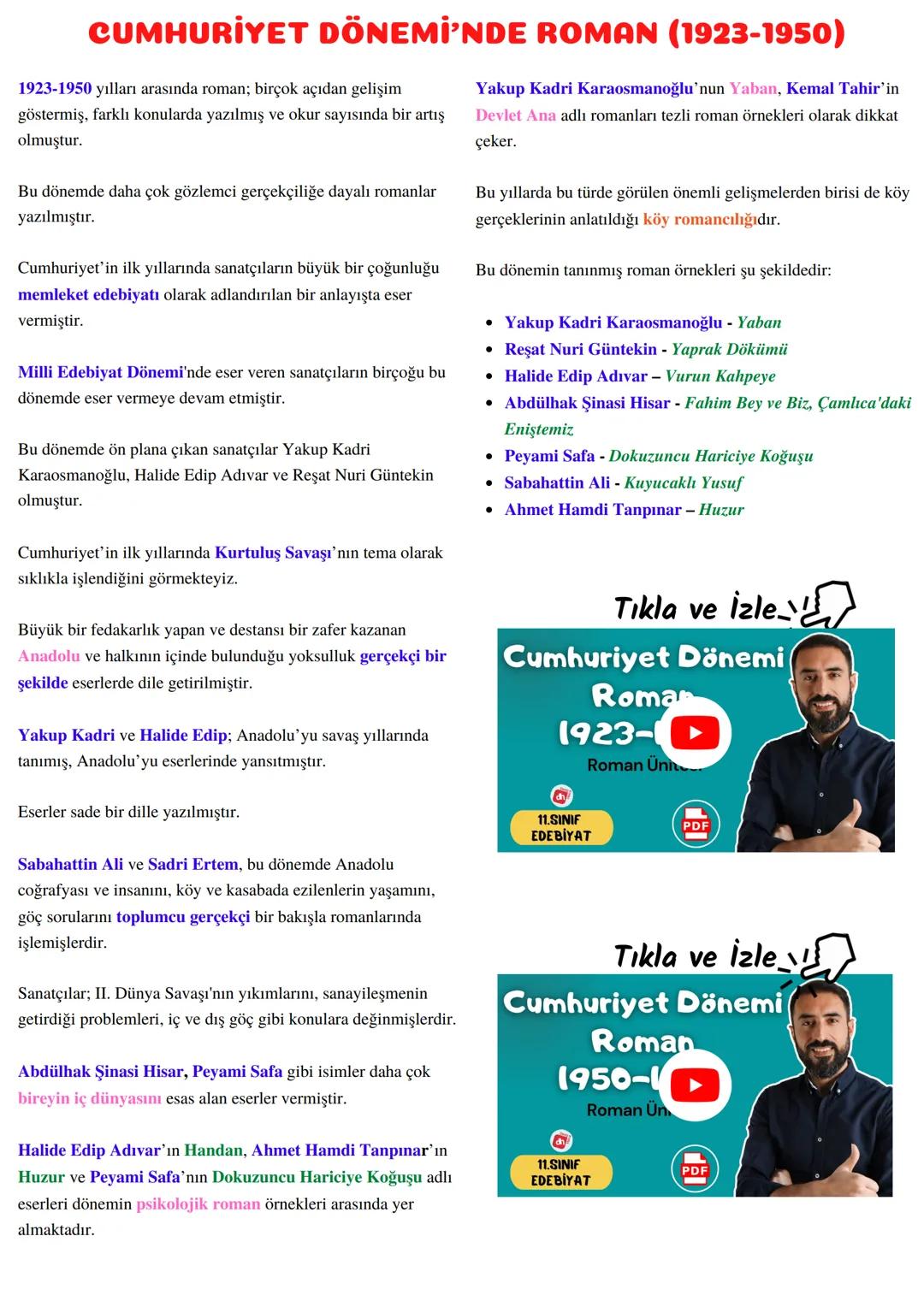 11.SINIF
ROMAN ÜNİTESİ KONULARI
ROMAN NEDİR?
1923-1950 CUMHURİYET DÖNEMİ'NDE ROMAN
1950-1980 YILLARINDA ROMAN
ROMANDA MODERNİZM VE POSTMODER