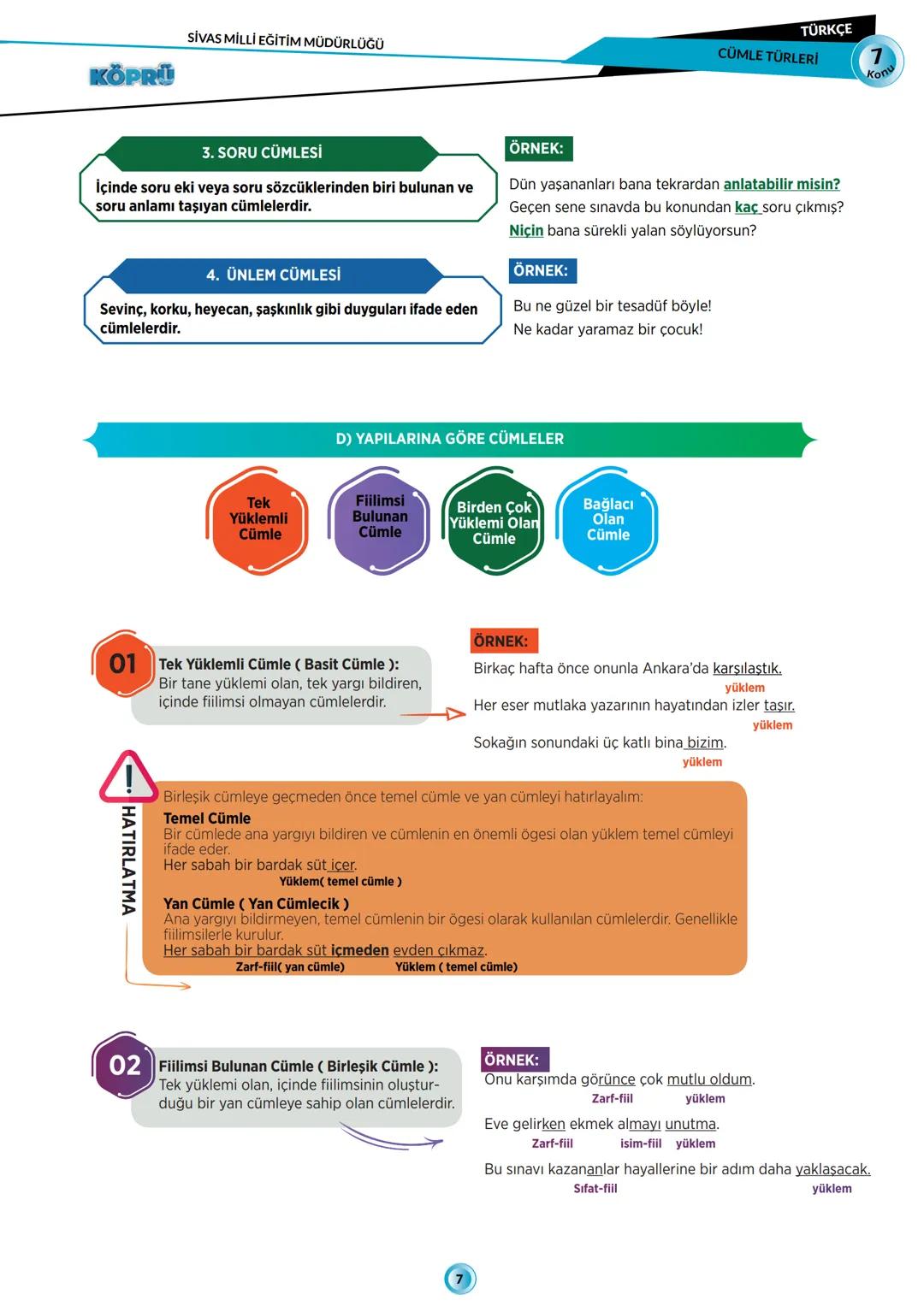 # KÖPRÜ
Kurslarda Öğretim Planlanması ve Rehberlikte Uygulama
TÜRKÇE
FASİKÜL-7
CÜMLE TÜRLERİ
Köprü Projesi Youtube Kanalı
# SİVAS
# Mİ